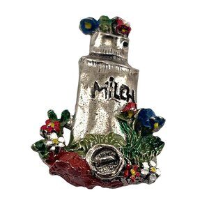 Vintage 1960s German Milch Milk Bottle Pin Brooch With Colorful Floral Design To